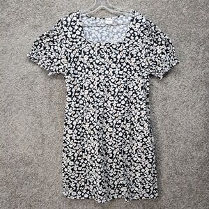 Rumia Women 2XL Black Floral Daisy Square Neck Puff Sleeve Mini Dress